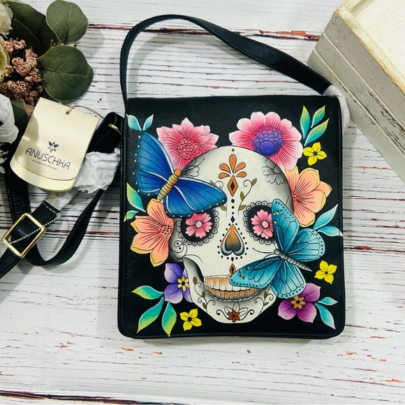 Anuschka Black Leather Sugar Skull Hand Painted Crossbody Bag NWT day of dead - Picture 2 of 5